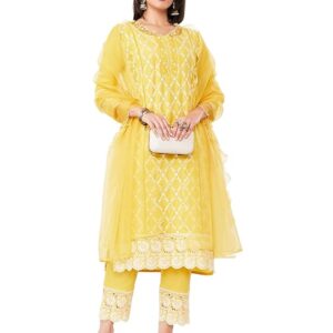 Myx Women Embroidered Cotton Kurta Pant Set with Organza Dupatta (Available in Plus Sizes)